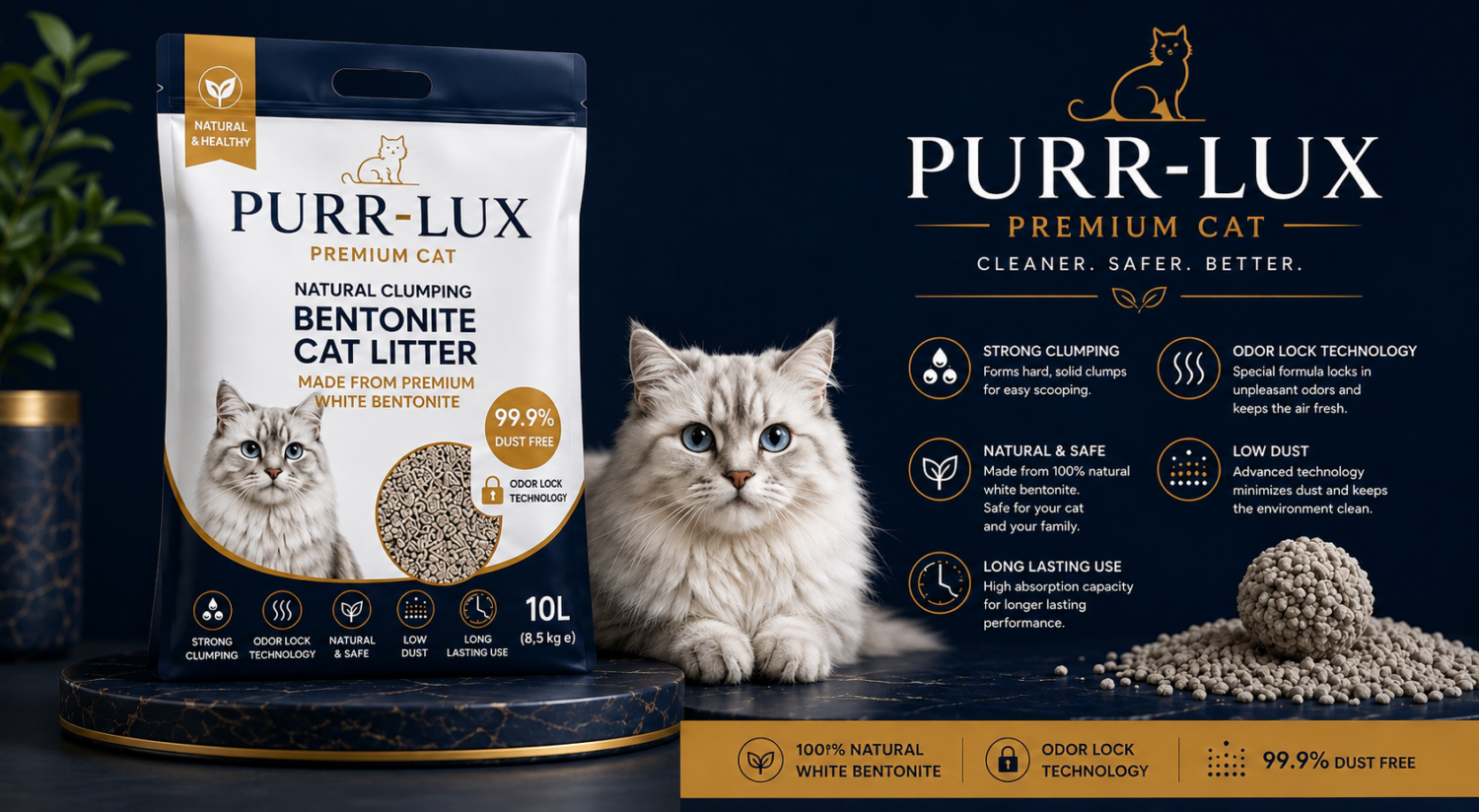 Purr-Lux brings premium cat litter designed for modern homes — ultra absorbent, low dust, powerful odor control, and comfort your cat will love.